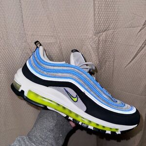Nike Air Max 97 White, Blue, and Black Sneakers